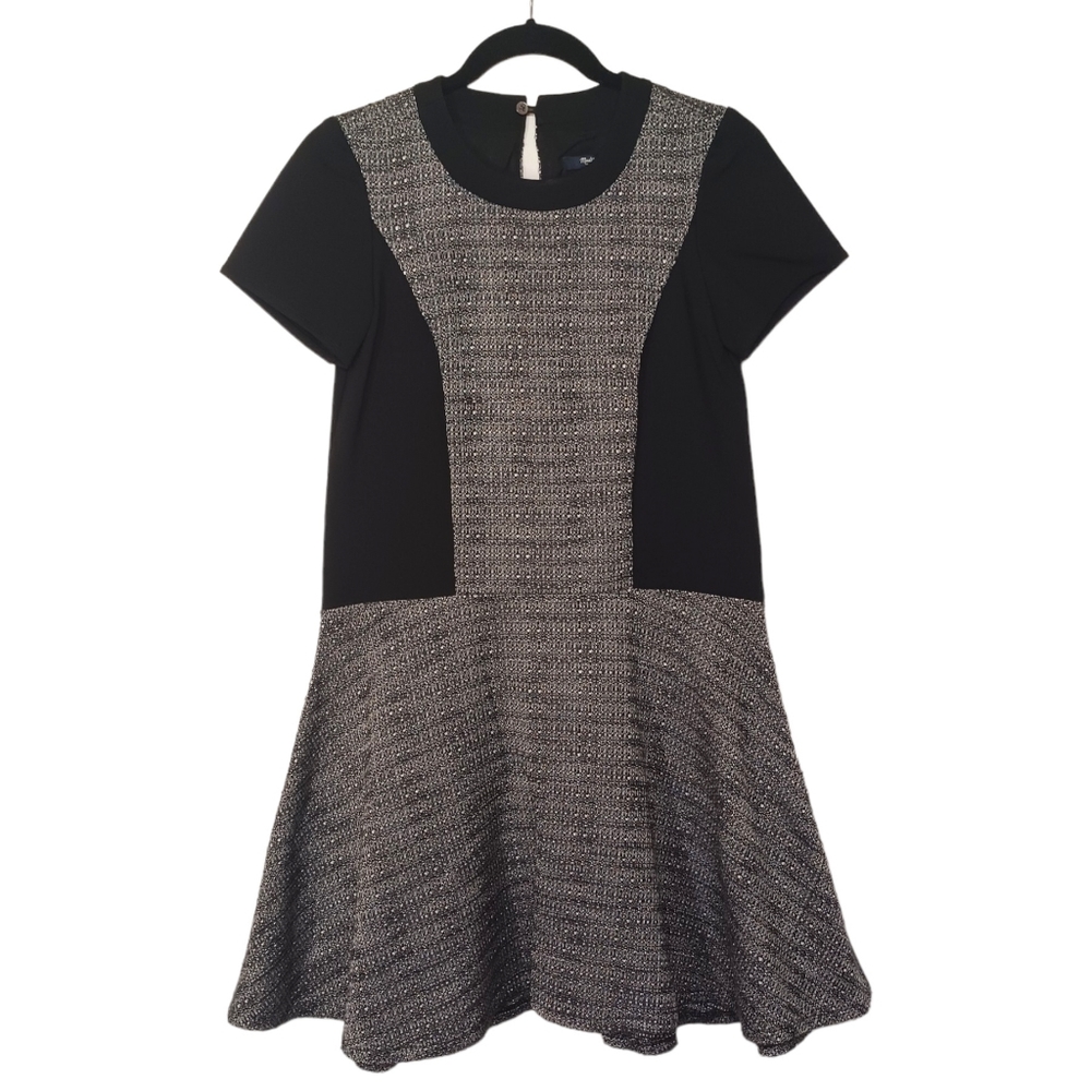 MADEWELL Gray Plaid Tweed Print Black Short Sleeve Flare A-Line Dress 00 NWT